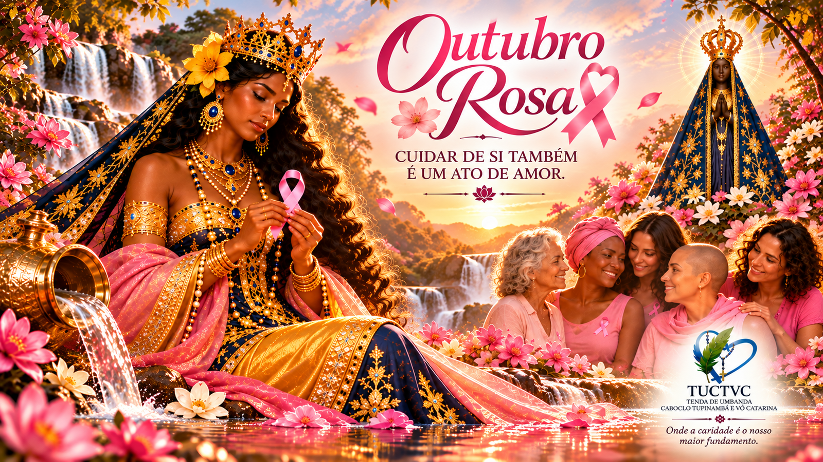 Outubro Rosa. Cuidar de si também é um ato de amor. Campanha da TUCTVC com Oxum, Nossa Senhora Aparecida e mulheres unidas pelo cuidado e pela solidariedade.